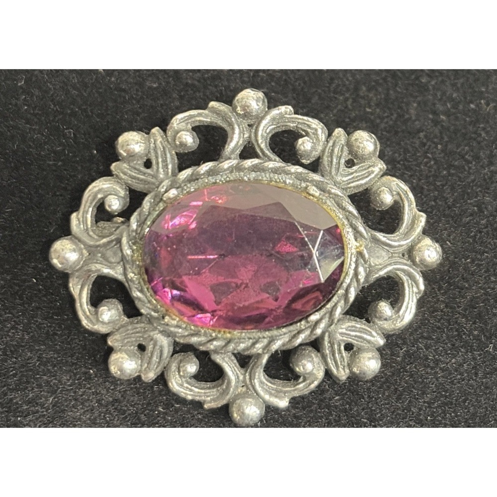 Vtg 1950's Amethyst Glass Brooch Filigree Scroll Design MCM Costume Jewelry